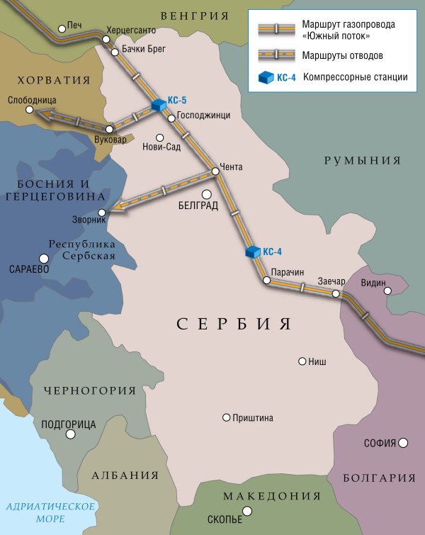 Схема проекта «Южный поток» на территории Сербии