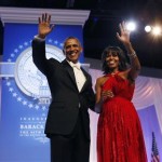 U.S. President Barack Obama and first lady Michelle Obama wave to attendees at the Inaugural Ball in Washington